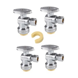 4-Pack EFIELD Push Fit 1/4 Turn Stop Valve Water Shut Off 1/2 Push x 3/8 Inch Compression With Disconnect Clip, Chrome Plated