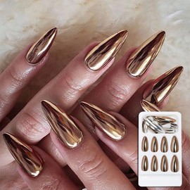 Vonrui Metallic Gold Press On Nails Long Medium Coffin Silver Fake Nails Red Blue Pink Acrylic Nail Tips Glue on Nails (Champagne)