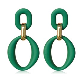 Vavhoo Candy Color Long Chain Link Dangle Earrings for Women Gold Plated Retro Oval Round U Shape Earring Studs (Dark Green)