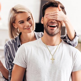 AFSTALR Cross Necklace Men Women Gold/Silver/Black Cross Chain Stainless Steel Chain with Highly Polished Cross Pendant Christianity Cross Jewellery Gifts for Men Length 18/20/22/24 Inches, Stainless