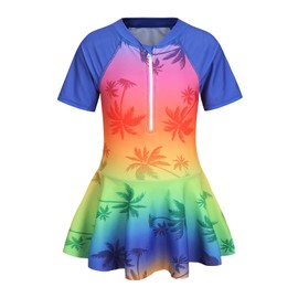 Girls One Piece Swimsuits Skirted Bathing Suits for Kids Girls Swim Dress Short Sleeve Hawaiian Swimwear Palm Blue 5T
