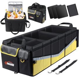 Oasser Trunk Organizer with Cooler Bag, Large Collapsible Car Trunk Organizer for SUV with Multi Compartments, Car Storage Organizer Grocery with Lid for Sedan (Extra Large, Black&Yellow)
