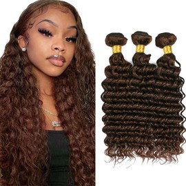 Color #4 Brown Bundles Human Hair Dark Brown Deep Wave Bundles Human Hair 22 24 26 Inch Unprocessed Brazilian #4 Deep Curly Bundles Chocolate Weave Extensions Hair 300g/Pc Remy Hair