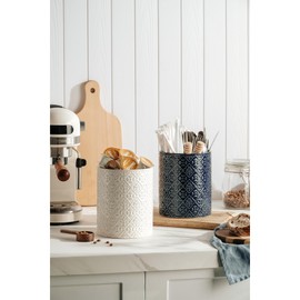 MIKIGEY Kitchen Utensil Holder, 6x7 inch Large Ceramic Utensil Holder with Embossed Pattern, Cooking Utensil Crocks for Kitchen Countertop, Home Decor, Blue