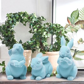 Hodao Set of 2 Flocked Easter Bunny Figurines – 5.5-Inch Blue Resin Rabbits with Soft Velvet Texture, Spring Décor & Easter Decorations for Home and Gifts (Blue Set of 3)