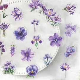 50pcs Transparent Flower Stickers,Purple Flower Sticker Waterproof PET Stickers for Scrapbook Journaling Photo Album Collage Card Nature Sticker for Girls and Adults (FLOWERp)