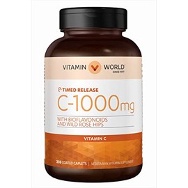 Vitamin World Vitamin C 1000 mg. Timed Release 250 Caplets, Bioflavonoids, Wild Rose Hips, Vegetarian, Gluten Free
