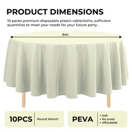 JHDZDHY 10 Pack Premium Disposable Plastic Tablecloth 84" Round Table Cover for Birthdays Weddings Christmas Anniversary Buffet Table (Beige)