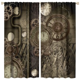 Vintage Clocks Curtains,Industrial Steampunk Mechanical Gear Curtains for Bedroom Living Room Kitchen Café Retro Pocket Watch Window Drapes 2 Panels Set,Total Size 42" x 45"