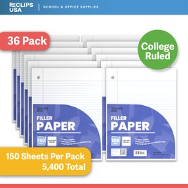 Notebook Paper, Loose Leaf Paper, College Ruled Paper, 10.5” x 8”, Filler Paper, 56 gsm, 150 Sheets Per Pack (36 Pack)