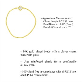 Columbus 14K Gold Plated Clover Charm Bead Stretch Bracelet - 7" Length with 2 mm Diameter Beads - Stack Layer Station Bracelet for Women for Her (Clear)