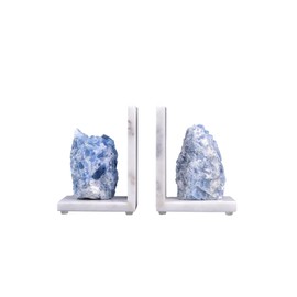 AMOYSTONE Natural Marble Bookends Heavy Duty for Shelves, L-Shaped Decorative Bookends with Rubber Bases, Unique Blue Calcite Stone for Home or Office Book Support