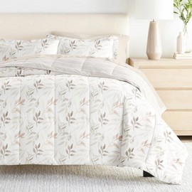 LINENS & HUTCH Bedding Bundle, Patterned Microfiber Comforter Set and Solid Sheet Set - Full Foliage Stripe Ivory