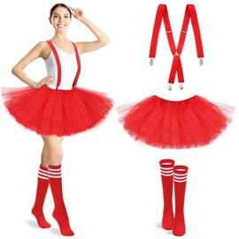 Zhanmai 3 Pcs Red Women's Tutu Costume Set 5 Layered Tulle Tutu Skirt Suspenders Striped Socks for Women Adult