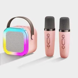 INDOTEAM Karaoke Machine for Kids and Adults – Mini Karaoke Machine with 2 Microphones – Portable Bluetooth Speaker with LED Light Effects for Kids Toys Family Home Birthday Gifts (Pink)