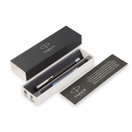 Parker Vector Fountain Pen | Black with Chrome Trim | Medium Nib | Blue Ink | Gift Box