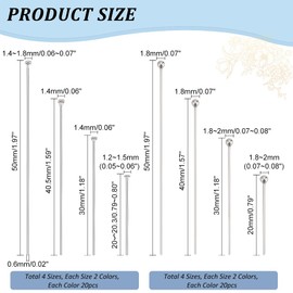 PH PandaHall 320 Pieces 4 Sizes Ball Head Pins Flat Head Pins 304 Stainless Steel Jewellery Making Needle 20/30/40/50 mm Head Pin 22 Gauge Bendable Needles for Beads Earrings