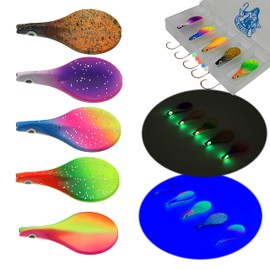 Njord Kalastus Inline Spoon, Trout in Box, UV Active and Self-Luminous 3D Eyes, Continuous Blinker, Trout Bait, Inline Spoon, Inline Pass Spoons, Trout Fishing Set, Magic Spoon (2.8 g, Set of 5)