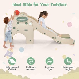 BABY JOY Toddler Slide, Elephant Shape Large Slide for Kids with Basketball Hoop, Buffer Zone & Non-Slip Steps, Freestanding Kids Slide Set for Indoors Boys Girls Over 18 Months Old Gifts Present