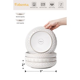 FOBENTA Embossed Ceramic Pasta Bowls, 42 oz Bowl Plates Set,9-Inch Large Serving Bowls Set of 4, Perfect for Pasta, Salad, Fruit, Sturdy&Stackable, Microwave & Dishwasher Safe