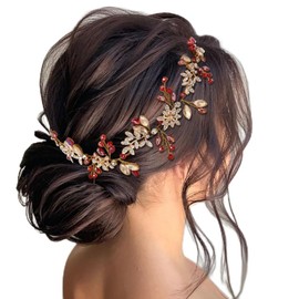 IYOU Rhinestone Wedding Hair Vines Red Flower Bridal Headbands Leaf Beads Headpiece Guest Bridal Hair Accessories for Women