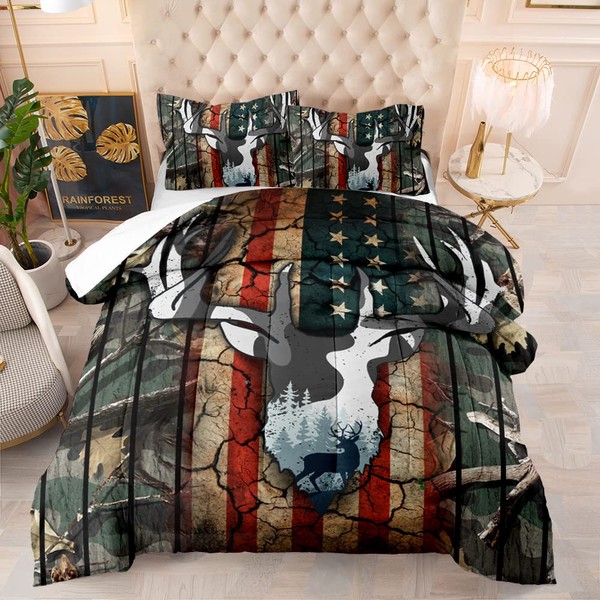 Suncloris American Flag Deer Antlers Comforter,United States Federations Stars Stripes