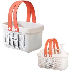 Cesta de Almacenamiento de Ducha Portátil de Plástico, Canasta para Baño con Aberturas de VentilacióN Almacenamiento Plástico Con Asa Adecuada Para Baño Cocina Dormitorio (blanco naranja)