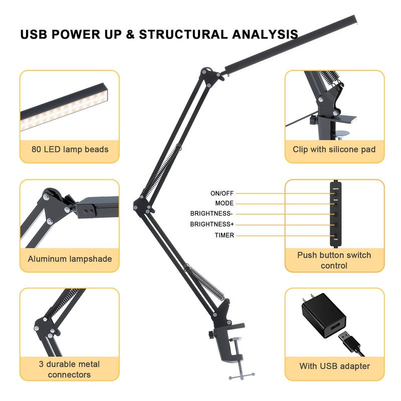 TROPICALTREE LED Desk Lamp for Home Office, Clamp-On with 5