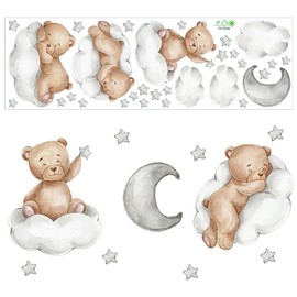 Bear Wall Stickers, Teddy Bear Sleeping on The Cloud Wall Decals Sweet Dream Little One Wall Stickers Animals Moon and Stars Clouds Peel and Stick Wall Art Decals for Kids Bedroom Baby Nursery