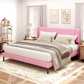 Sismplly King Size Bed Frame and Headboard,Vertical Channel Tufted Wingback No Box Spring Needed, Mattress Foundation, Easy Assembly Pink