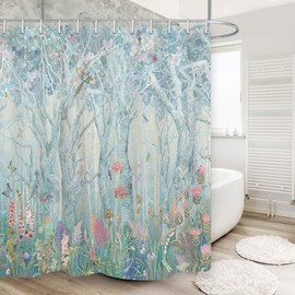 DYNH Enchanted Forest Shower Curtain, Vibrant Fairytale Woodland Jungle with Tree Bird Flowers Plant Fabric Christmas Curtains for Bathroom, Bath Drapes Accessories with Hooks, 69X70IN