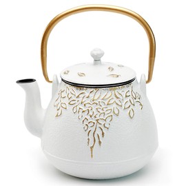TOPTIER Japanese Cast Iron Tea Kettle with Infuser,Teapot Stovetop Safe, Leaf Design , Coated with Enameled Interior for 32 Ounce (950 ml), White