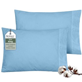 ROYALE LINENS 100% Organic Cotton Percale Pillowcases Set of 2 - King Size Percale Pillowcase - King Set of 2 Pillow Cover - Breathable, Cool & Crisp Lake Blue Pillow Cases (20"x40", Lake Blue)