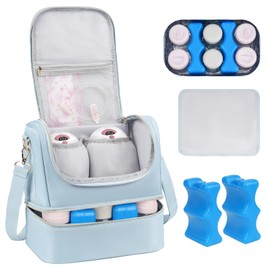 Jaffzora Wearable Breast Pump Bag with Cooler Compartment Fits for Willow/Elvie/Momcozy M5/S12 Pro/Medela, Breast Milk Travel Tote Bag with Ice Pack & Waterproof Mat,Blue