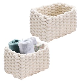Storage Basket, Pack of 2 Braided Cotton Knitting Baskets, 19 x 15 x 12 cm Basket Storage Small Baskets, Changing Table Organiser, for Socks, Towels, Keys, Jewellery (White)