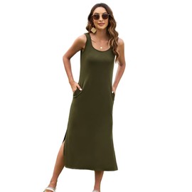 Naggoo Women's Sleevelee Tank Dress Midi Summer Casual Scoop Neck Basic Split Maxi Tshirt Sundresses with Pockets Army Green