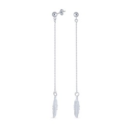 Boho Minimalist Long Thin Linear Beaded Ball Chain Feather Leaf Dangle Earrings Western Jewelry For Women Teens .925 Sterling Silver