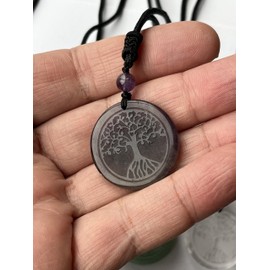 Tree of Life Crystal Stone Pendant Necklace, Engraved Amulet Crystal Stone Necklace for Men Women, Talisman Healing Crystal Round Stone Pendant with Adjustable Rope 30cm (Amethyst)
