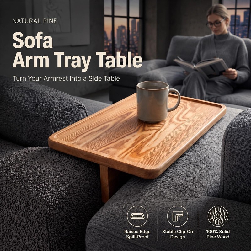 Solid Pine Wood Couch Tray, 8"x12" Sofa Tray with Foldable