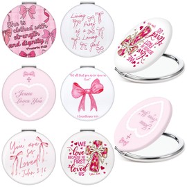 Geelin 6 Pcs Coquette Pink Bow Compact Mirror Christian Bible Verse Mirrors for Purse Small Pocket 1x/2x Magnifying Portable Makeup Double Sided Travel Mirror Party Favors Gifts for Women Girls