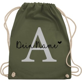 Geschenk mit Namen personalisiert by Shirtracer - Gym Bag Backpack - Initials - Letter Name Adjustable Heart, 01 Olive Green