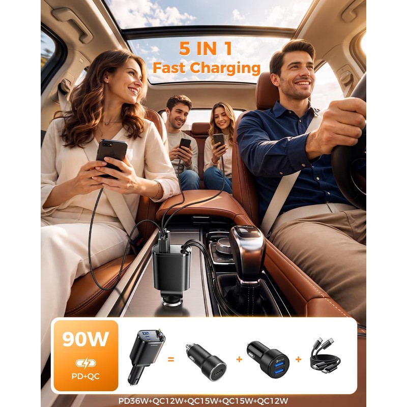 SUPERONE 5 in 1 Retractable Car Charge with Dual Type