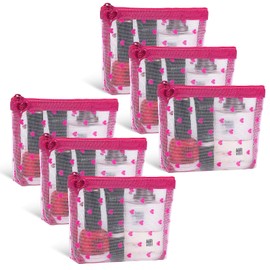 Fassave 6 Pack Mini Zipper Mesh Makeup Bags, Heart Print Nylon Cosmetic Bags Toiletry Bags for Office Travel Organization (Widened-Hot Pink, XS)