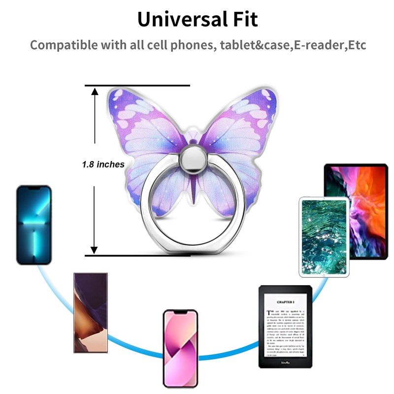TACOMEGE Purple Metal Cell Phone Ring Butterfly Holder, Finger Kickstand