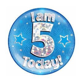 Age 5 Birthday Badge Blue And Silver Stars Holographic Recyclable 5th Birthday Party Badge OTB