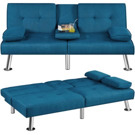 Yaheetech Convertible Sofa Bed Adjustable Fabric Couch Sleeper Modern Recliner Reversible Loveseat Folding Daybed Guest Bed, Removable Armrests, Cup Holders, 3 Angles, 772lb Capacity, Aqua Blue