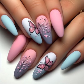 Pink&Green Press on Nails Medium Almond Fake Nails Ombre False Nails Spring Pink Butterfly Flowers Full Cover Stick on Nails Acrylic Cute Artificial Frosted Nails for Women Glue on Nails 24 Pcs