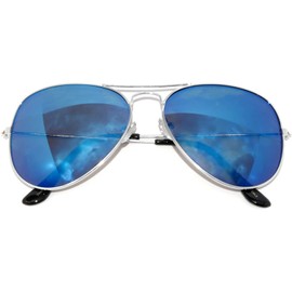 Classic Aviator Style Sunglasses Full Mirror Lens Metal Silver Color Frame Blue Lens Men Women
