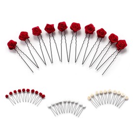 10 x Roses on Hair Pins for Flat Hair Sections - Bridal Hair Jewellery | S-F - Bordeaux Red