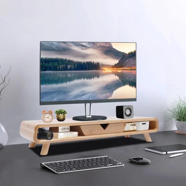 Unbranded 24 Bamboo Monitor Stand & Back Baffle Drawer Desktop